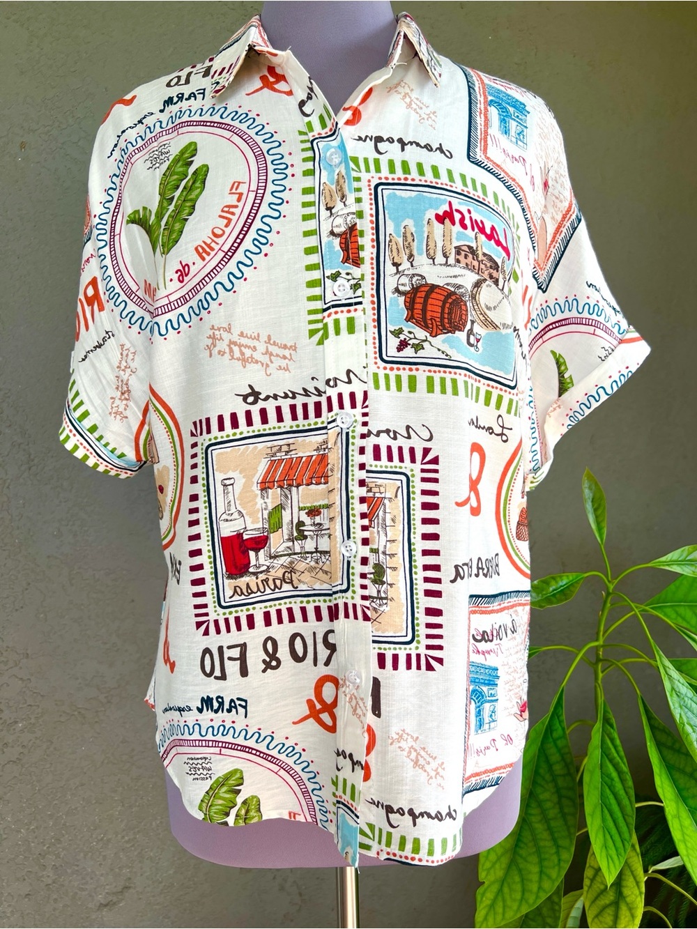 Milk & Honey Button Front Shirt Size L - Unique Reversed Print Fabric